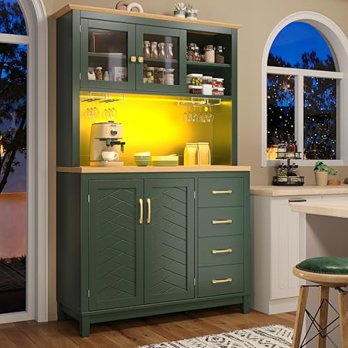 Ktipm Armario Cocina Alto con Luz LED y Almacenaje, Aparador Cocina con Cajón y 4 Puertas, Mueble Aparadores Alacena de Cocina Despensa con Portavasos y Dispositivo Antivuelco, 105.5x40x180 cm, Verde