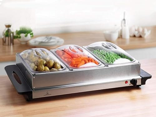 Garden Mile Large Capacity 3 Pan Stainless Steel Electric Buffet Server Food warmer, 300w Portable Hot Plate Bain Marie Table Top Heat Control, 4.5L Capacity