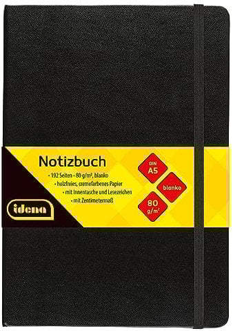 Idena 10054 - Notizbuch DIN A5, blanko, Papier cremefarben, 192 Seiten, 80 g/m², Hardcover in Schwarz