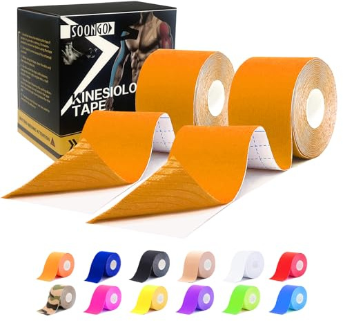 Kinesiology Tape Rock Tape2 Rolls Relieve Muscle Soreness and Strain Shoulders Wrists Knees Ankles Elastic Waterproof Good Air Permeability Hypoallergenic Orange 5cm*5m By SOONGO