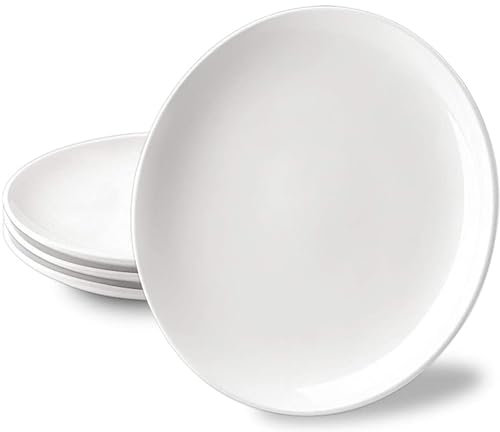 DELLING 10 inch White Dinner Plates Set, Porcelain Dessert/Salad Plate, Serving Dishes, Dinnerware Sets, Scratch Resistant, Microwave, Oven, and Dishwasher Safe - Set of 4