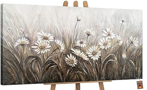 YS-Art Abstrakt Stil Acryl Gemälde auf Leinwand Gänseblümchen handgemalt Wandbilder Wohnzimmer modern Wohndekor Blumen Weide Bilder echte Kunstwerke gerahmt 100x50 cm