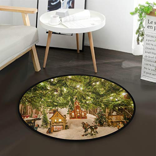 Mnsruu Runder Teppich für Wohnzimmer, Schlafzimmer, 92 cm Durchmesser, Motiv: Weihnachtsdorfbaum