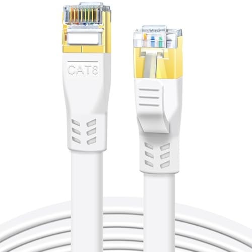 DDMALL Cable Ethernet Cat8 3 metros, Cable de Red de alta velocidad 40Gbps 2000MHz, Cable Plano con Conector RJ45 Chapado en oro para Routers, PCs y Gaming (Blanco)