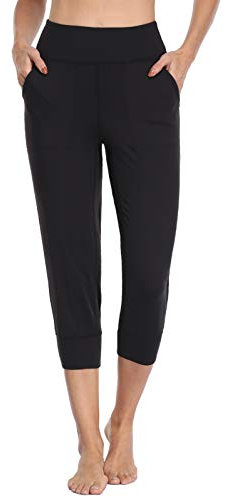 MOVE BEYOND Butterweiche Jogginghose Damen 3/4 Trainingshose Yoga Hose Sommer Capri Sporthose Hoher Bund, Schwarz, L