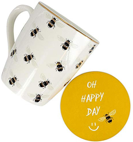 G Decor Cream-White and Gold Ceramic Gold Bumble Bees 500ml Tall Extra Large Drinks Mug Cup for Tea or Coffee, Includes a Yellow Matching Coaster in a Gift Box