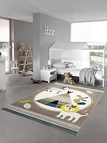 Teppich-Traum Kinderzimmer Teppich Spielteppich Zelt Löwe Zebra Kaktus beige blau Creme braun Größe 80x150 cm