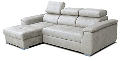 Robin Silver Ecksofa mit Schlaffunktion Bettkasten 3 Verstellbare Kopfstützen Sofa L-Form Schlafsofa Freistehende Eckcouch Schlafcouch Wohnzimmermöbel Wohnlandschaft Links Beige