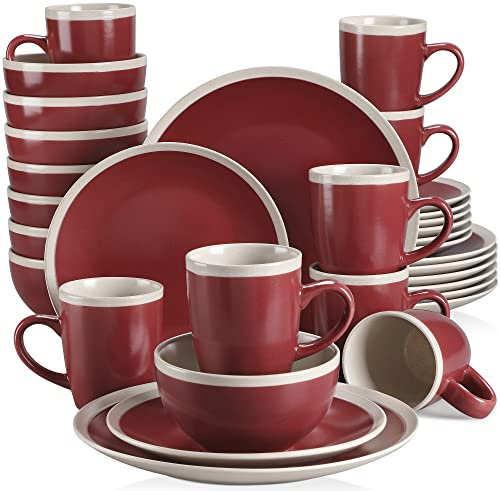 vancasso serie Seesami Vajillas Completas para 8 Personas 32 piezas Vajillas de Cerámica con 8 Platos Llano, Platos de Postre, Cuencos y Tazas, Mate Rojo