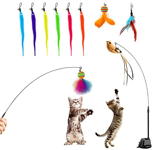 JOPHEK Jouet pour Chat, Jouets pour Chats Jouets Interactifs Jouet Chat Lot, with Feather Bell, Feather, Bird, Caterpillar Pendant (12P)