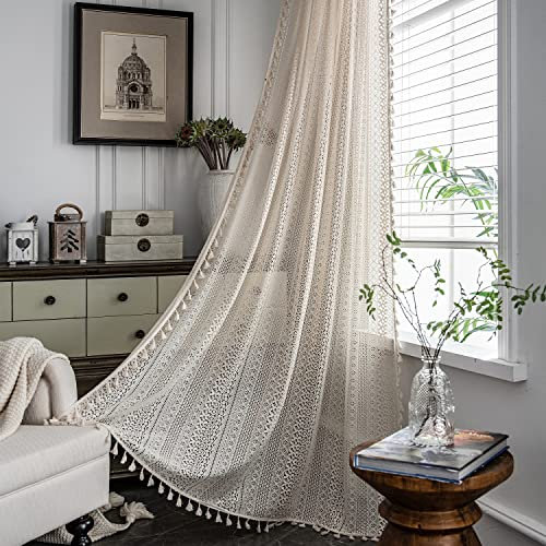 SASIGAYA Gardinen Vintage Beige Boho Vorhänge Landhausstil Häkeln Stricken Lichtdurchlässige Vorhang mit Quasten Durchbrochene Vorhänge für Küche Schlafzimmer Wohnzimmer Balkon 2 Stück H 160×B 150 cm