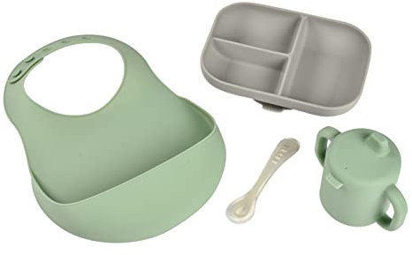 BÉABA Set Vajilla Silicona Comida Bebé, lo esencial, Babero Silicona Bebe, Cuchara Silicona, Taza Silicona Bebe, Plato compartimentado, Verde Salvia/Gris Terciopelo