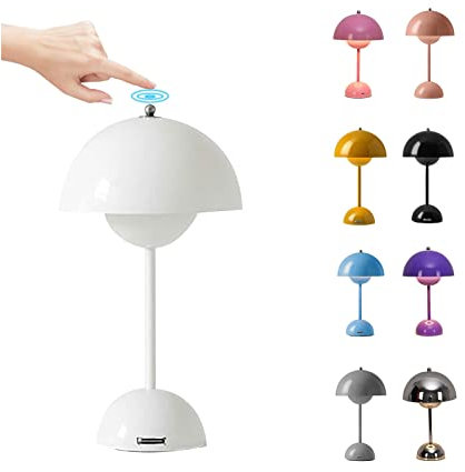 O·Lankeji LED Flowerpot Tischlampe Kabellos Akku, Touch Dimmbar Pilzlampen Tischlampe mit 3 Helligkeitsmodi, Dekorative Schreibtischlampe Nachttischlampe für Schlafzimmer, Büro, Bars, Weiß, 18x30cm