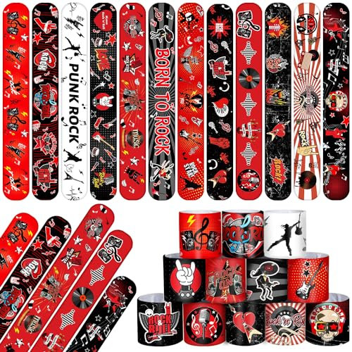 YYMYMGJ 48 Stück Rock & Roll Partygeschenke: 12 Designs Slap Armbänder Armbänder für 80er 90er Rockstar-Party-Dekorationen
