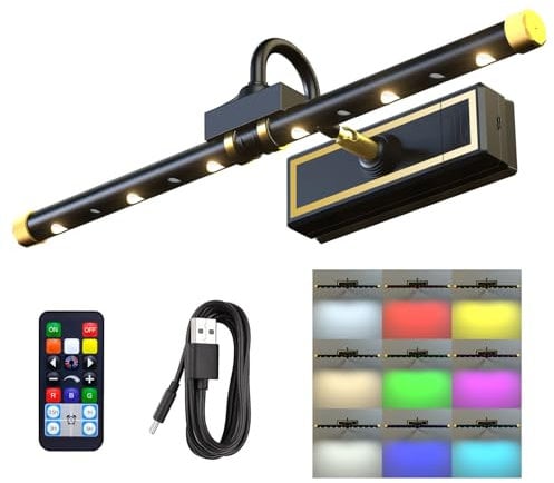 Wireless Rechargeable LED Picture Lights with Remote, White & RGB Dimmer Timer, Magnetic 360° Rotation, 5000 mAh Battery for Display Frame