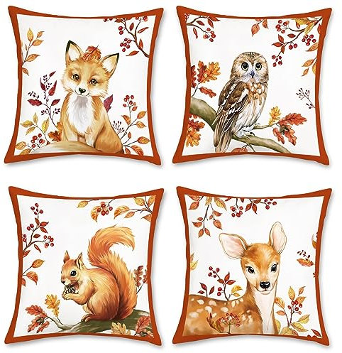 Bonhause 4er Set Kissenbezüge Herbst Tiere 45 x 45 cm Fuchs Eule Eichhörnchen Hirsch Dekorative Kissenhülle Zierkissenbezüge für Sofa Kinderzimmer Zuhause Dekoration