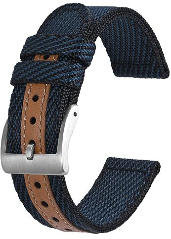BISONSTRAP Sportliche Nylon Uhrenarmband, Militär Uhrenarmbänder für Herren, 20mm, Blau mit Silberne Schnalle