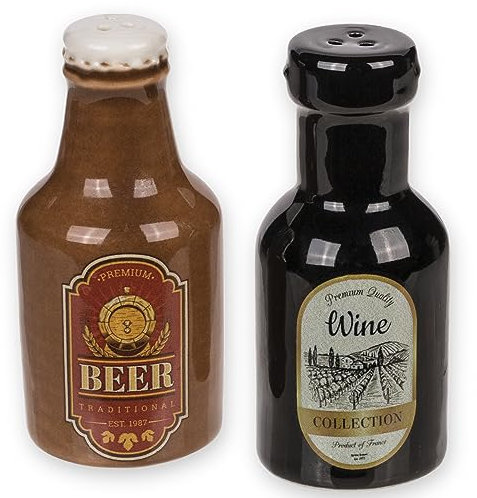 MIJOMA Salz- & Pfefferstreuer Set - Stilvolles Porzellandesign, Lebensmittelecht, Einfach zu Befüllen - Verschiedene lustige & niedliche Designs zur Auswahl (Bier & Wein, 2-teilig)