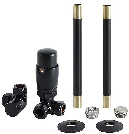 Milano Black Corner Radiator Heated Towel Rail Thermostatic Lockshield Valve and Pipe Connector Kit