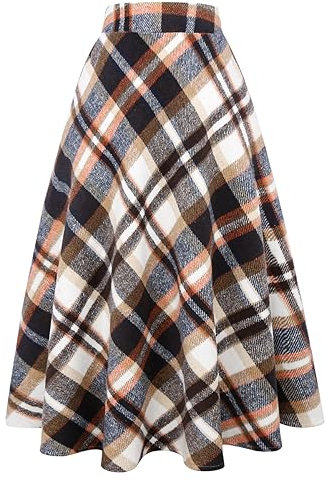 IDEALSANXUN Damen Maxirock mit hoher elastischer Taille, A-Linie, kariert, Winter, warm, ausgestellt, lange Röcke, Lang Weiß Braun, Klein