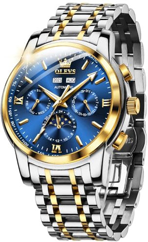 OUPINKE Herrenuhr Automatik Mechanische Armbanduhr Blau Zifferblatt mit Mondphase Wasserdicht Luminous Tag Datum Zweifarbige Edelstahlarmband