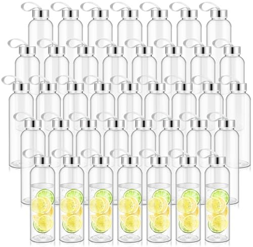 Zubebe 80 Pcs 17 oz Clear Water Bottles Bulk Reusable Juice Bottles with Stainless Steel Leak Proof Lids Nylon Carrying Strap Plastic Shaker Summer Party Favors for Milk, Smoothie, Juice Beverage
