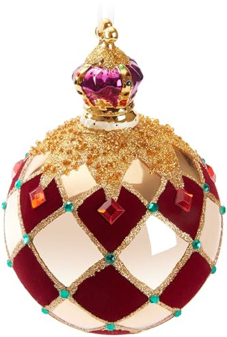 BRUBAKER Adorno de Navidad Premium Rey Real - Adorno de Árbol Real Oro Rojo - A Cuadros con Terciopelo, Brillos y Corona - Adorno de Árbol de Vidrio Grande de 14 cm con Figura de Porcelana