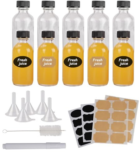 MOSTFUN 10 Pack 2oz Glass Bottles With Lids, 60 ml Ginger Shot Mini Bottles, Jars With Funnel, Labels & Pen for Juice, Essential Oil, Whisky