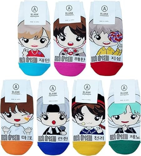RJ Kpop [NCT Dream] Lot de 7 paires de chaussettes pour femme Motif personnage de dessin animé Fabriqué en Corée, Vert, orange, rose, rouge, bleu, jaune, 5-8
