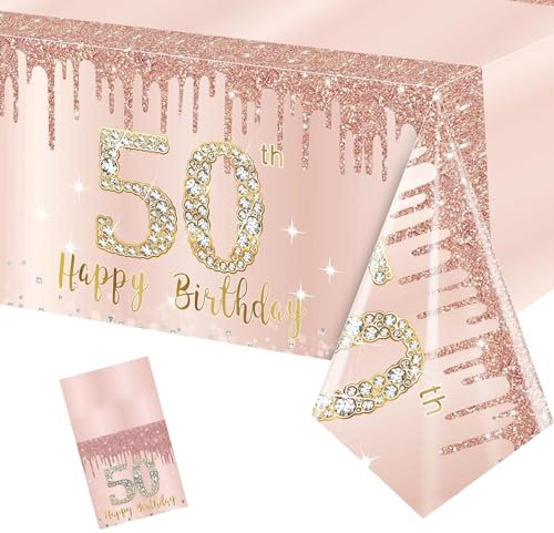EVYIENEN 50th Rose Gold Birthday Table Cloth,137x274cm 50th Party Table Decorations Plastic Disposable Rectangular Table Cover for Women Birthday Gifts Party Decor