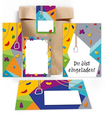 10 Einladungskarten zum Kindergeburtstag Klettern Bouldern Mädchen Jungen Climbing Party incl. 10 Umschläge, 10 Partytüten/natur, 10 Aufkleber, 10 Lesezeichen, 10 Mini-Notizblöcke