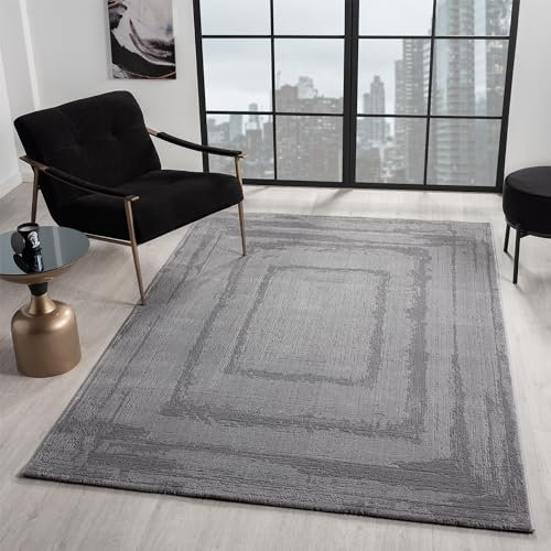 VIMODA Teppich Wohnzimmer Schlafzimmer Modern Hoch&Tief Bordüre Qualitativ 3D Effekt, Farbe:Grau, Maße:160x230 cm