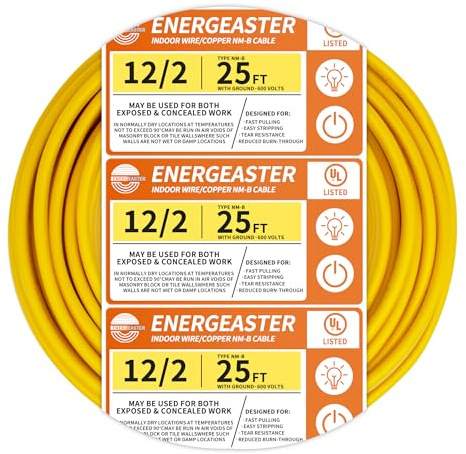 Energeaster Cable sólido NMB para interiores, 12/2 W/G, bobina de 25 pies, cable eléctrico calibre 12, 2 conductores, no metálico con cable de tierra (amarillo)