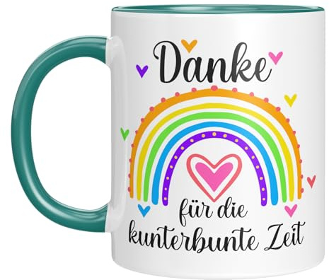 Tasse mit Spruch | Danke für die kunterbunte Zeit | Geschenk für Erzieher, Lehrer zum Kindergarten Abschied | Kaffeebecher für Erzieherin mit Herz
