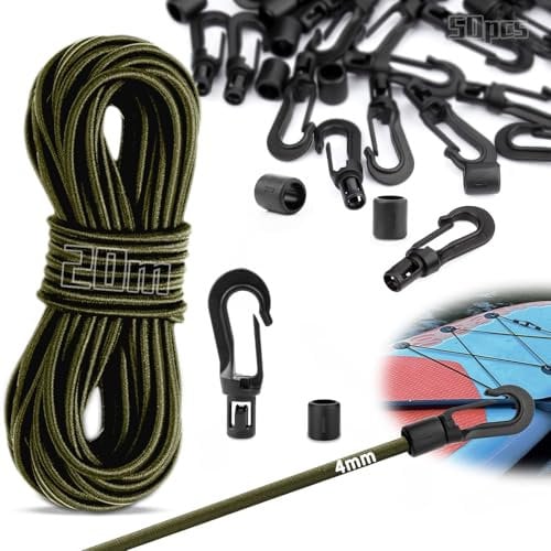 SWTYExt Cuerda de goma de 20 m de 4 mm con 50 ganchos de plástico verde, cuerda expansora de goma con gancho para lona de remolque, camping, cubierta, piscina, tendedero, bicicleta, transporte