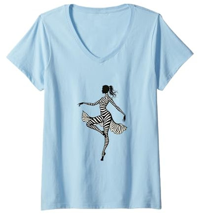 Womens Trendy Zebra Print Ballerina Ballet Dancer Women Teens Girls V-Neck T-Shirt