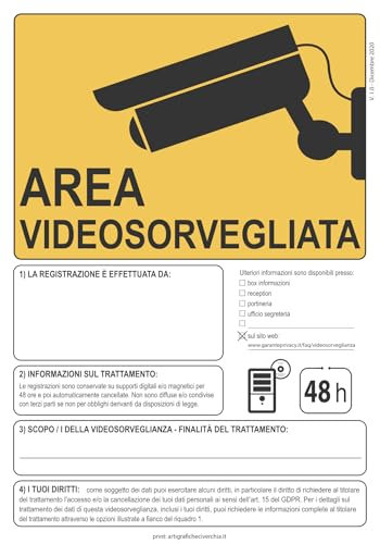 Cartello area videosorvegliata 48h NUOVO REGOLAMENTO GDPR - Cartelli videosorveglianza per negozio e proprietà privata con avviso NUOVO GDPR - Forex 3 mm 15x21 cm (4pz)