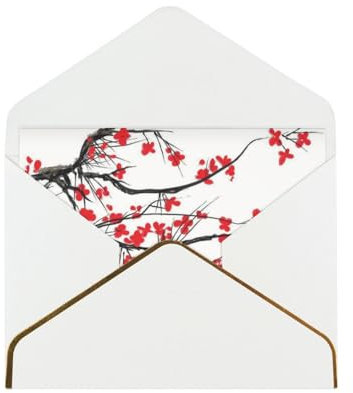 Japanische Kirschbaum-Grußkarte mit goldfarbenem Rand, Perlglanzpapier, Umschlag-Set, Urlaubskarten, Weihnachtskarten für Erwachsene und Kinder