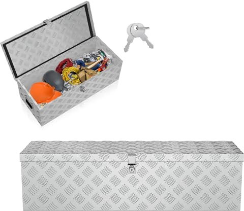LZQ Aluminium Transportbox mit Deckel, 990x330x254 mm, Alukiste mit Schloss für Werkzeuge, stabil und wasserdicht, Deichselbox für Fahrzeuge und Anhänger (Silber)