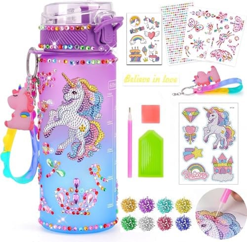 SaiXuan Licorne Bricolage Gourde Fille DIY, 600ml Gourde Fille à Personnaliser avec Kit de Loisir Créatif Enfant, Cadeau Fille Créatif 6-12 Ans, Diamond Painting Jeux Enfant 2 3 4 5 6 Ans