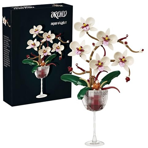 Wine Glass Orchid Building Set, 512PCS Red Wine Cup Artificial Flower Plant Toys Building Kit, Botanical Collection Model for Home Décor, Great Gifts for Birthday and Anniversary for Her and Him