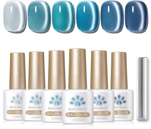 BORN PRETTY Magnetic Gel Nail Polish Blue Series Jelly Crytal Color Gel Polish with Magnet Soak-Off U V LED Cat Magnetic Eye Effect for Nail Art Salon DIY Home 6PCS