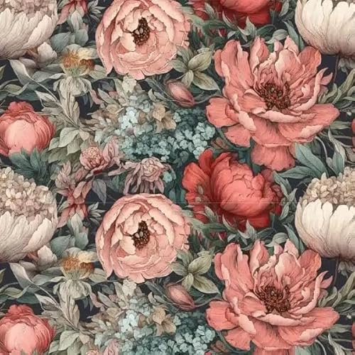 Carta da parati con fiori, motivo peonia, sfondo scuro, design acquerello, rosa e bianco