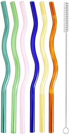 FSSTUD 6 Pcs 200 x 8mm Colorful Wavy Glass Straws Reusable Drinking Straws Cute Smoothie Cocktail Straw Hot Cold Beverage Straw with 1 Pcs Cleaning Brush for Milkshakes Coffee