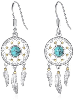 PARYFO Traumfänger Ohrringe 925 Sterling Silber Traumfänger Hänge Ohrring mit Türkis Feder Ohrringe Traumfänger Schmuck Geschenke für Frauen Mädchen, Sterling Silber
