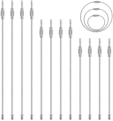 Lnngub 12 llaveros de cuerda de alambre, 1,5 mm de acero inoxidable, llavero suave con cierre de rosca de 20/15/10 cm de largo plateado para etiquetas de equipaje, llaves, colgantes