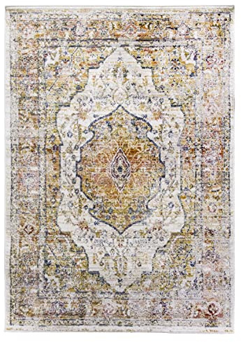 SrS Rugs Vintage Rugs for Living Room, Bedroom, Dining Room, Kitchen Room - Boho Distressed Traditional Faded Ikat Style Multicoloured Design Smooth Soft Low Pile (Cream, 200 x 300 cm)