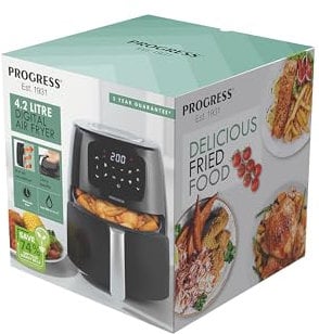Progress Digital Air Fryer – 4.2L Oil-Free Fryer, 30 Minute Timer, 8 Preset Functions, Touch Screen, Non-Stick Cooking Basket, Removable Cooking Rack, Healthier Fried Food, Carry Handles, 1300W