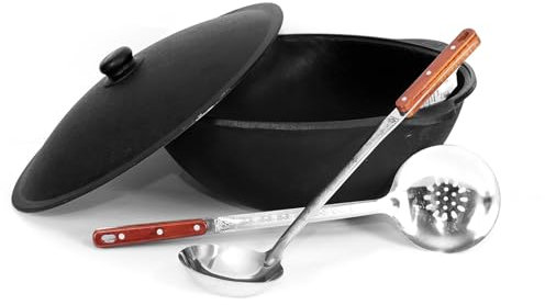 Kazan Gusseisen 10l, Kazan Topf, Feuerofen Topf, чугуный казан, Wok Gusseisen 10l, mit Aluminiumdeckel, Feuerofen mit Schaumlöffel, Schöpfkelle