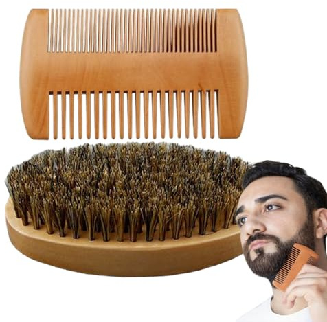 Ensemble Brosse Et Peigne À Barbe Coiffage Entretien Rasage Soin | Kit Brosse Et Peigne À Barbe Et Moustache En Poils De Sanglier Naturels Massage Visage Post-Douche Et Pré-Coupe, Pour